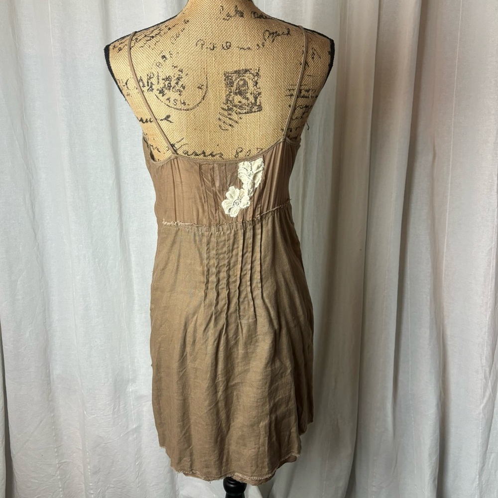 Vintage Y2K Chelsea Flower Brown Tan Linen Slip Dress Mini Women’s Medium - Picture 2 of 7